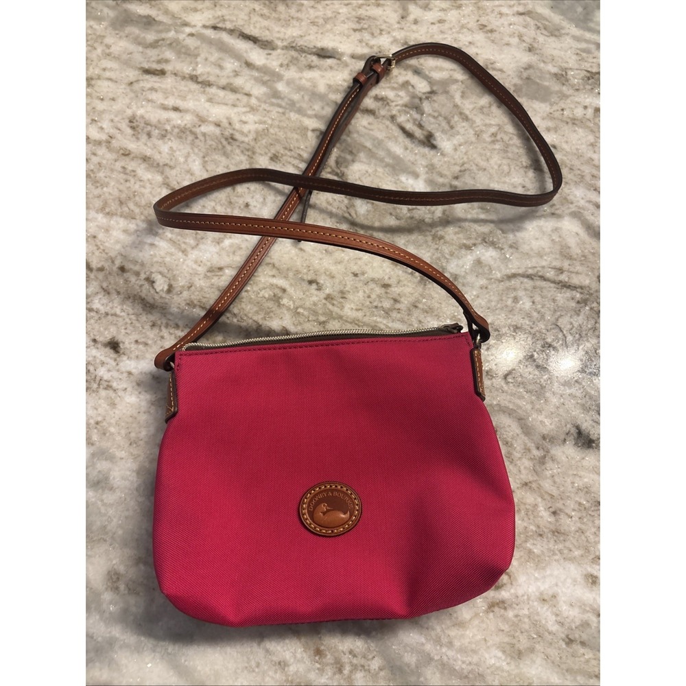 Dooney & Bourke Pink Canvas Pouchette Handbag Crossbody Leather Strap 7x9